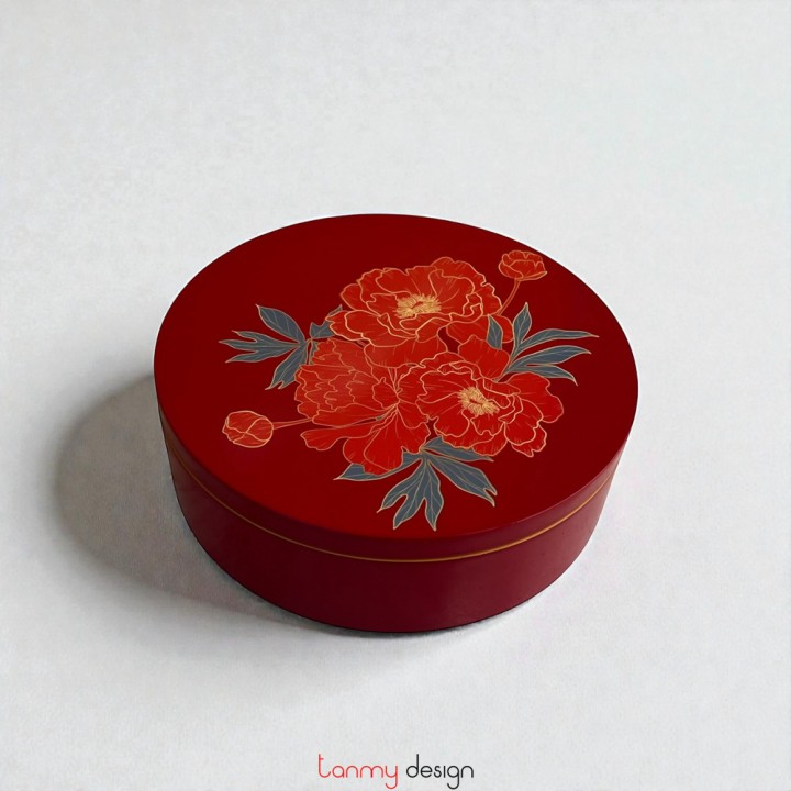 Hộp tráp tròn sơn mài đỏ vẽ hoa 25cm